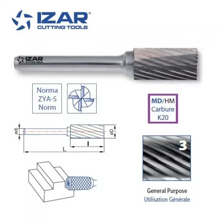 fraise rotative carbure Izar cylindrique ZYA-S denture 3 de 3 à 25 mm