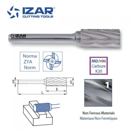 fraise rotative carbure Izar cylindrique ZYA denture 1 de 3 à 25 mm
