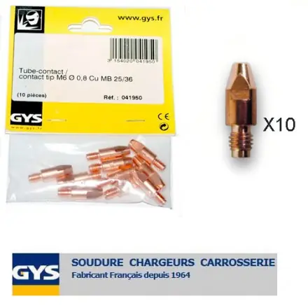 10 tubes contacts D.0,8 mm M6 pour torche 250 A/350 A