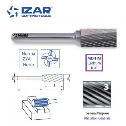 fraise rotative carbure Izar cylindrique ZYA denture 3 de 3 à 25 mm
