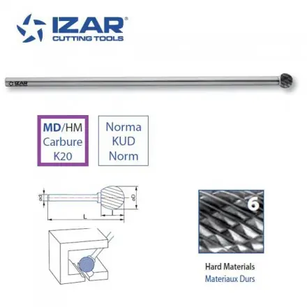 fraise rotative carbure longue Izar spherique KUD denture 6 de 8 à 12.7 mm