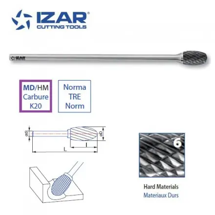 fraise rotative carbure longue Izar ovale TRE denture 6 de 9.6 ou 12.7 mm