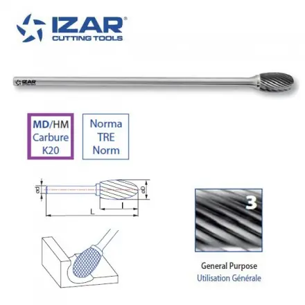 fraise rotative carbure longue Izar ovale TRE denture 3 de 9.6 ou 12.7 mm