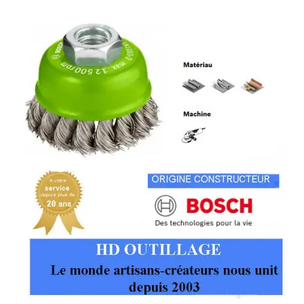 brosse boisseau, à fils torsadés inox 75 mm Bosch pour meuleuse