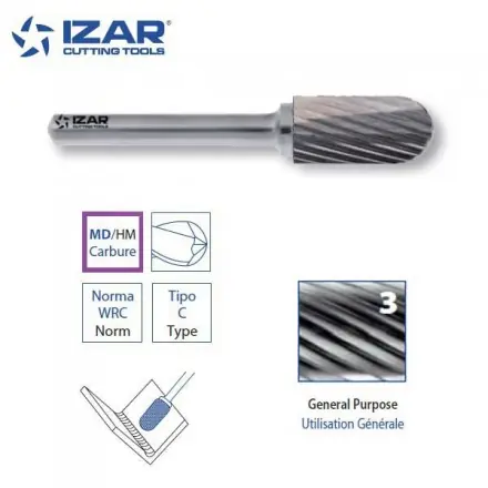 fraise rotative carbure Izar cylindrique arrondie WRC denture 3 de 3 à 25 mm