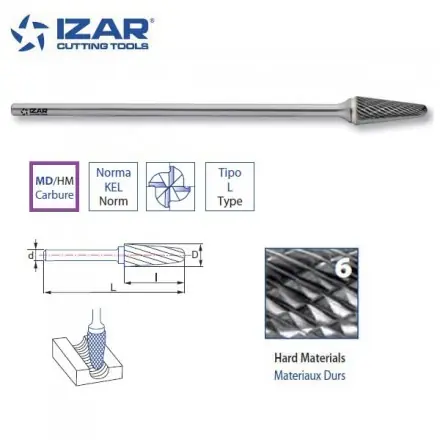 fraise rotative carbure longue Izar conique KEL denture 6 de 9.6 ou 12.7 mm