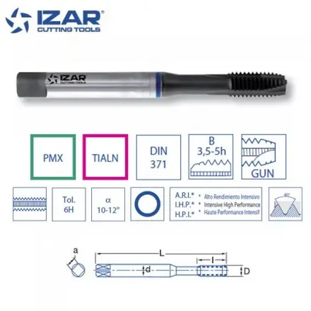 Taraud droit machine Izar PMX TiAln métrique pour inox de M2 à M10
