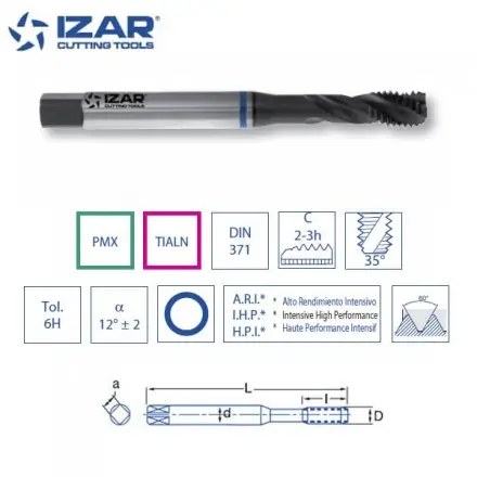 Taraud machine hélicoïdal Izar PMX TiAlN métrique inox de M2 à M10