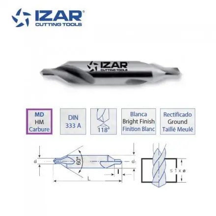 foret à centrer double carbure MD/HM Izar de 1 à 6.3 mm