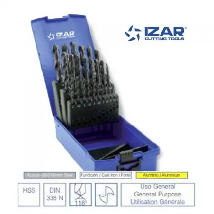 coffret 25 forets HSS DIN338N Izar de 1 à 13 mm par 0.5 mm