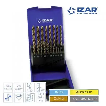 coffret 19 forets HSSE-5%Co Izar multi inox DIN338W de 1 à 10 mm par 0.5 mm