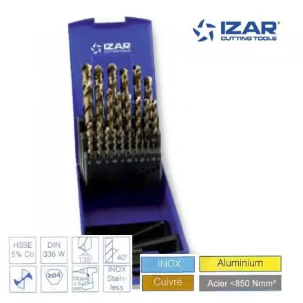 coffret 25 forets HSSE-5%Co Izar multi inox DIN338W de 1 à 13 mm par 0.5 mm