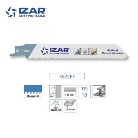 Lame scie sabre Izar S922EF bimétal (Pack de 5) pour inox 150 mm 18 TPI