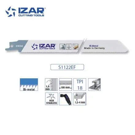 Lame scie sabre Izar S1122EF bimétal (Pack de 5) pour inox 200 mm 18 TPI