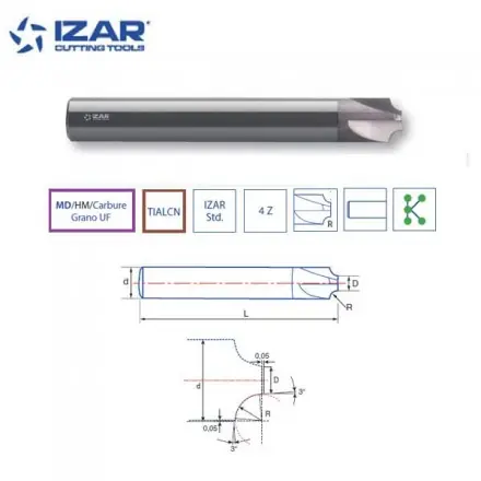fraise 4Z Izar 1/4 de cercle concave en carbure MD/HM TIALCN