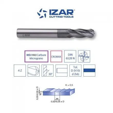 fraise de copiage longue sphérique carbure MD/HM Izar DIN6528N de 3 à 20 mm