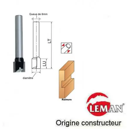 fraise à rainer droite longue D.22 mm 70x15 mm queue 8 mm LEMAN