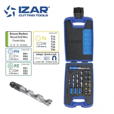 coffret Izar forets bois queue hexagonale et embouts de vissage 17 pièces