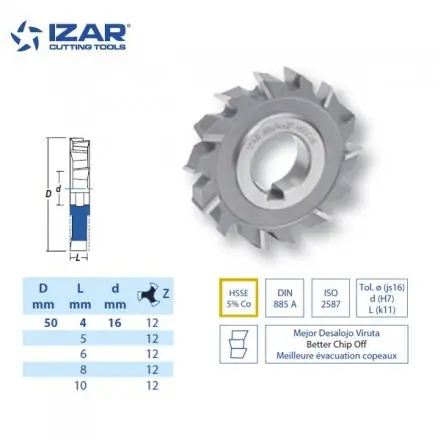 fraise 3 tailles D. 50mm IZAR HSSE 5%Co denture alternée DIN 885A
