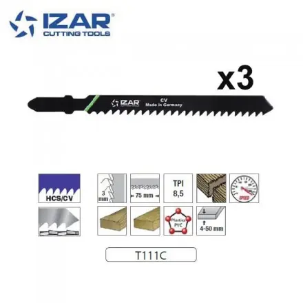 lame de scie sauteuse Izar T111C coupe rapide 100mm TPI8.5 (x3)