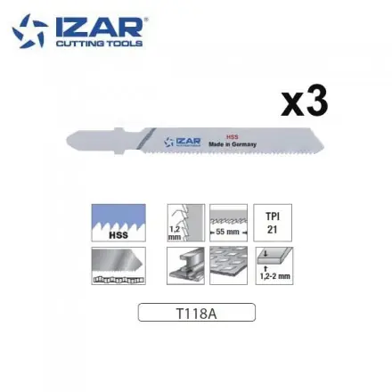 lame de scie sauteuse HSS Izar T118A pour tôle fines 76mm TPi21 (x3)
