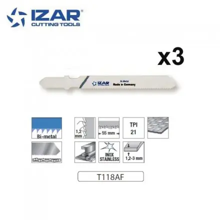 lame de scie sauteuse bimétal Izar T118AF pour tôle fines 76mm TPi21 (x3)