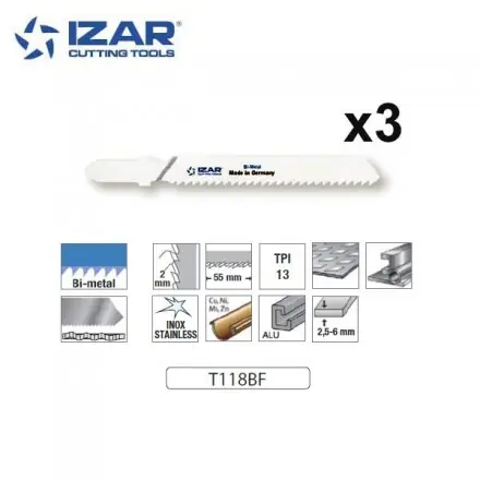 lame de scie sauteuse bimétal Izar T118BF pour acier, inox 76mm TPi13 (x3)