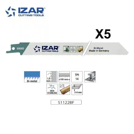 Lame scie sabre Izar S1122BF bimétal (x5) pour inox 200 mm 14TPI