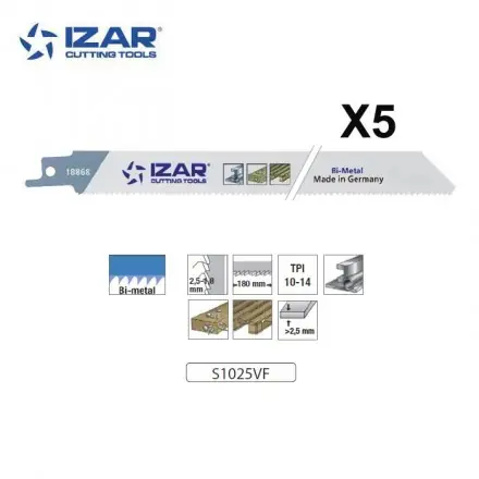 Lame scie sabre Izar S1025VF bimétal (x5) pour palette 200 mm 10-14TPI