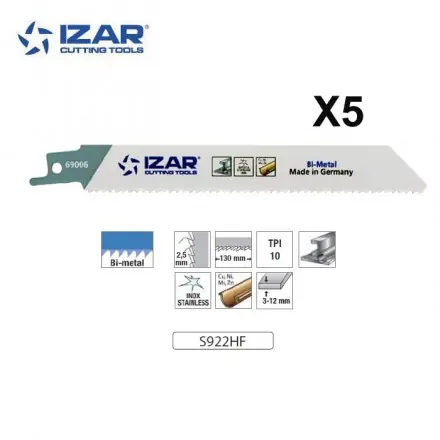 Lame scie sabre Izar S922HF bimétal (x5) pour inox 150 mm 10TPI