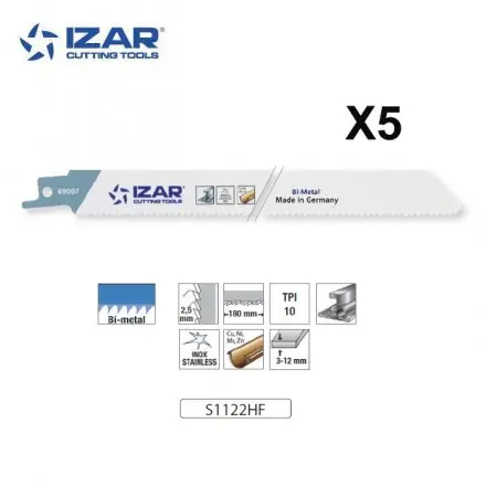 Lame scie sabre Izar S1122HF bimétal (x5) pour inox 200 mm 10TPI