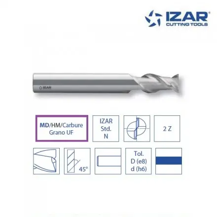 fraise carbure Izar pour aluminium 2Z 45° diamètre de 2 à 20 mm