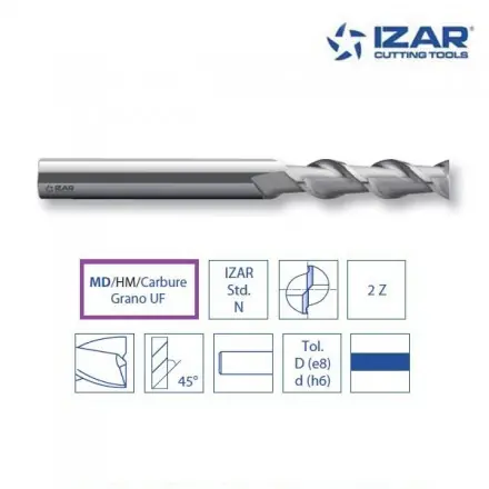 fraise longue carbure Izar pour aluminium 2Z 45° diamètre de 5 à 16 mm