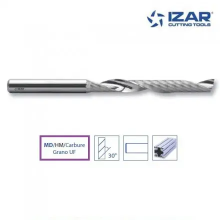 fraise longue carbure Izar 1Z Polyglass pour aluminium, thermoplastique de 3 à 12 mm