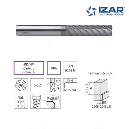 fraise longue Izar DIN6528N carbure MD/HM IKRA super finition 48-70HRC