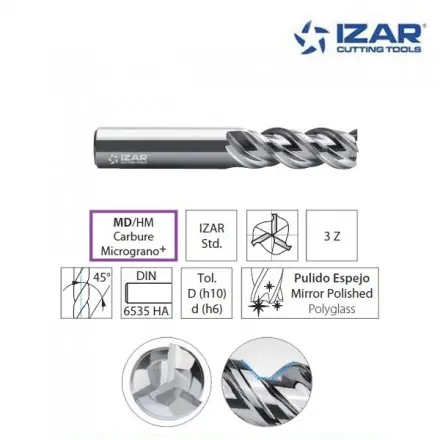 Fraise carbure Izar 3Z polyglass DIN6535 pour aluminium et bronze