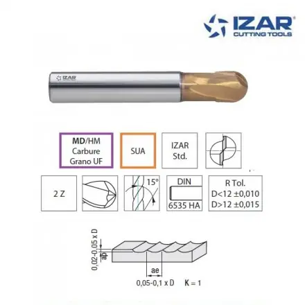Fraise finition hémisphérique Izar carbure SUA pour acier trempé 48-70 HRC