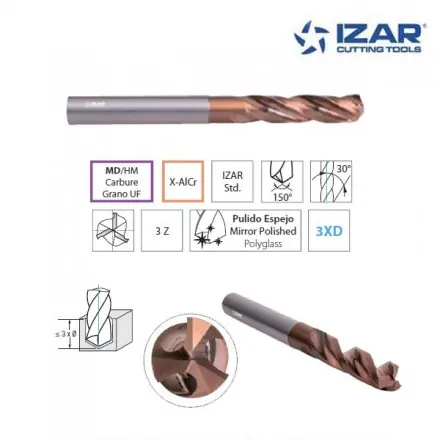 foret carbure MD/HM X-AlCr Izar 3Z extra-court de 3 à 13 mm