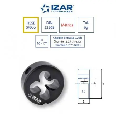 filière à main HSSE 5%co DIN22568 Izar métrique pas fin M17x1.0 pour inox