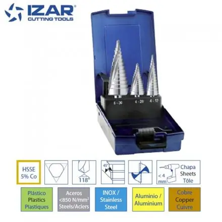 Coffret 3 forets étagés spirale HSSE 5%Co inox Izar 4-12, 4-20 et 6-30 mm