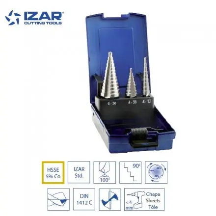 Coffret 3 forets étagés HSSE 5%Co inox Izar capacités de 4 à 30 mm