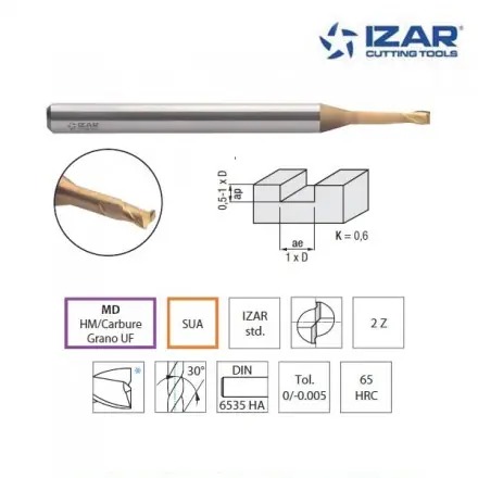 micro fraise Izar carbure MD/HM SUA 2Z 65HRC de 0.20 à 4 mm