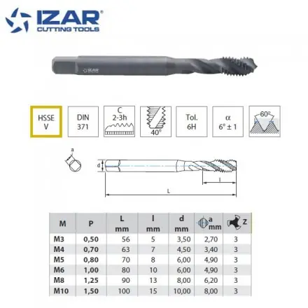 Taraud hélicoïdal machine Izar HSSEV métrique de M3 à M10