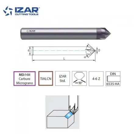 Fraise à chanfreiner 90° Izar carbure TIALCN pour acier trempé, inox