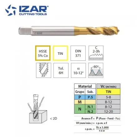 Taraud hélicoïdal machine Izar HSSE5%co TIN pour inox, métrique de M2 à M10