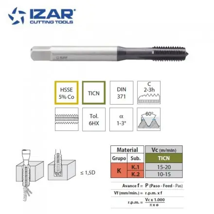 Taraud droit machine Izar HSSE 5%co TICN métrique pour fonte de M3 à M10