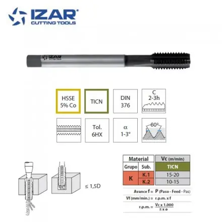 Taraud droit machine Izar HSSE 5%co TICN métrique pour fonte de M6 à M20