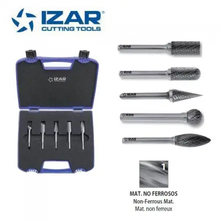 coffret 5 fraises limes rotatives carbure 12.7 mm Izar sur tige 6 mm denture 1