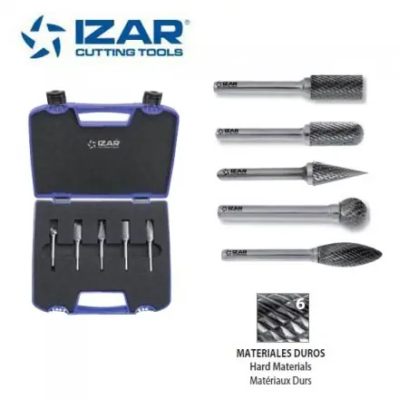 coffret 5 fraises limes rotatives carbure 9.6 mm Izar sur tige 6 mm denture 6