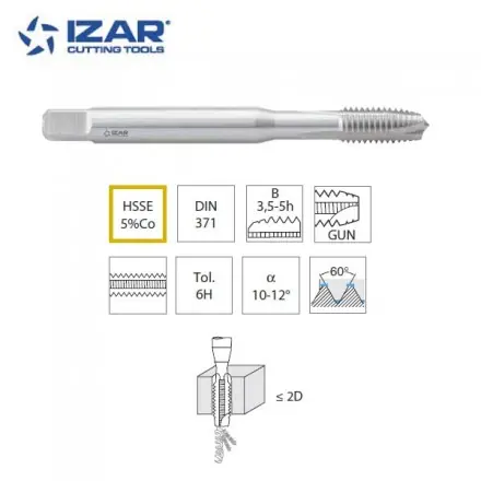Taraud droit machine Izar HSSE5%co pour aluminium, métrique de M3 à M10